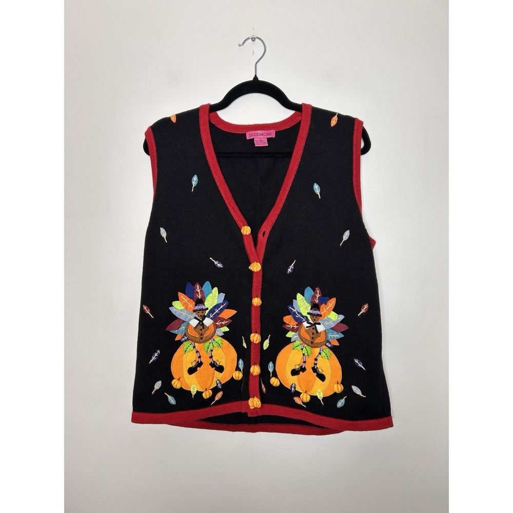 Bobbie Bell Thanksgiving Sweater Vest Turkey Pumpkin Grandma Core Vtg Y2K Large